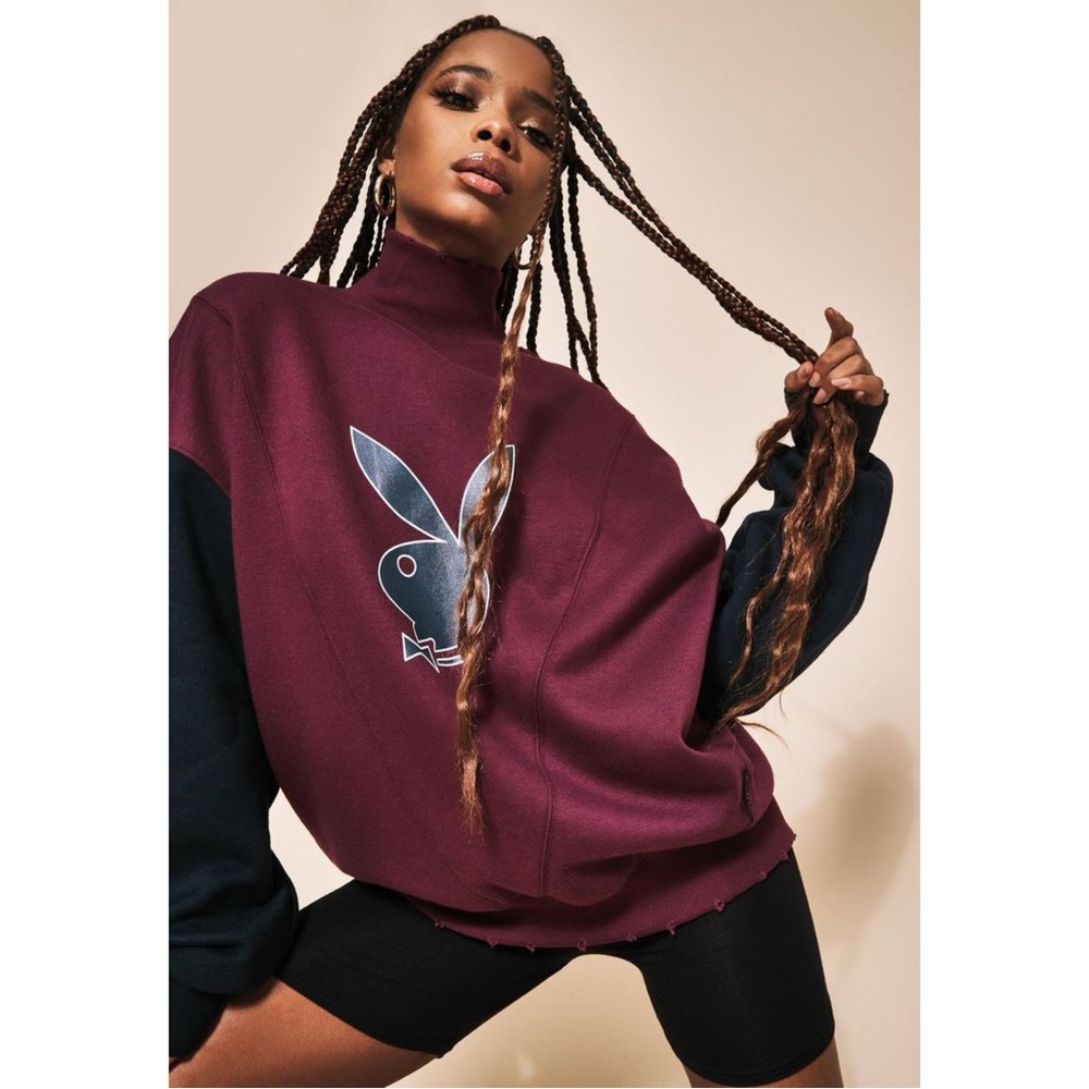 Missguided x Playboy Burgundy Varsity High Neck Sweatshirt – Size US 10